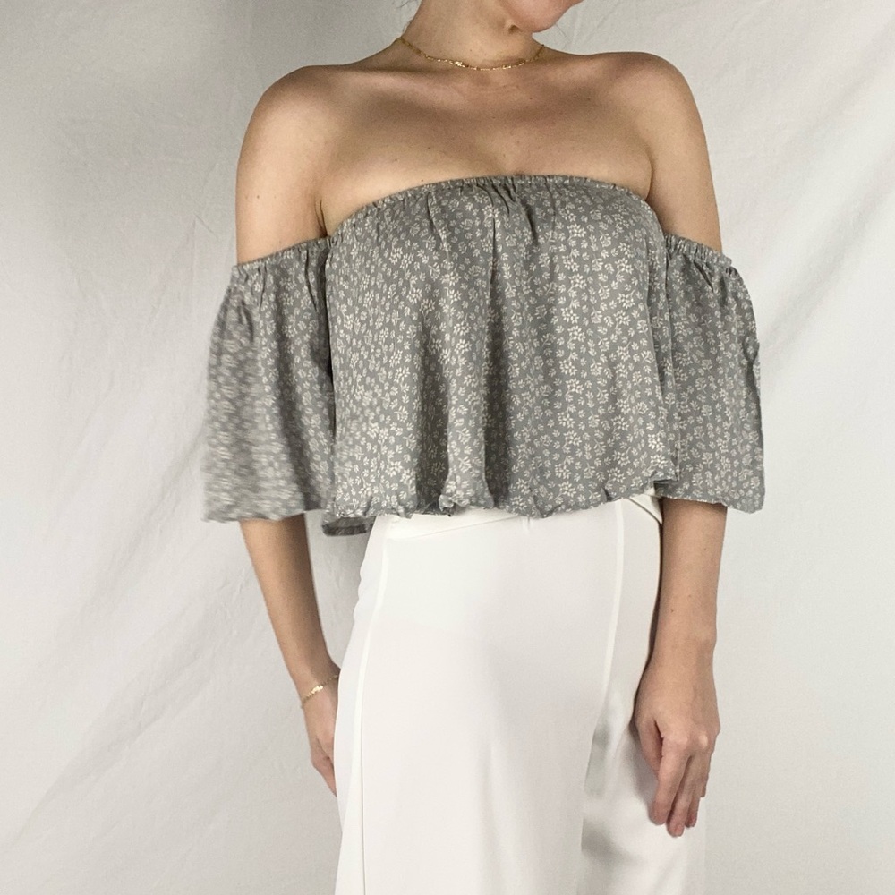Gray strapless off shoulder floral top